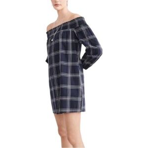 Abercrombie & Fitch Women’s off-the shoulder puff sleeves navy plaid dre…​
